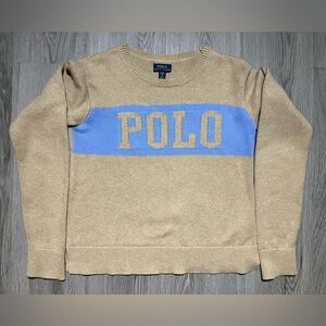 Polo by Ralph Lauren Tan and Blue big logo spell out knit crewneck sweater XL